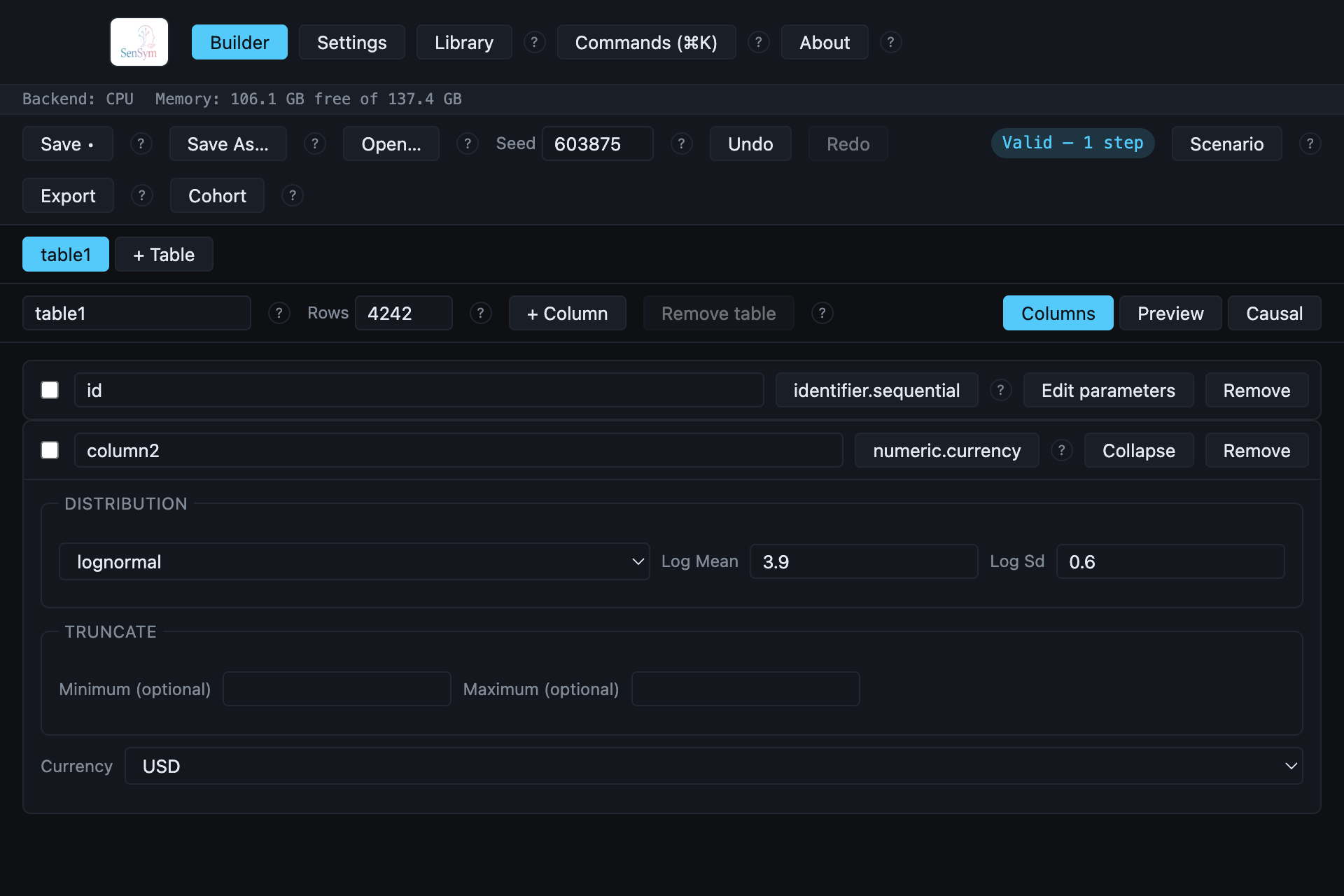 column2 set to numeric.currency, expanded to show its real distribution controls: family lognormal, Log Mean 3.9, Log Sd 0.6, an optional Minimum/Maximum truncation, and a Currency selector