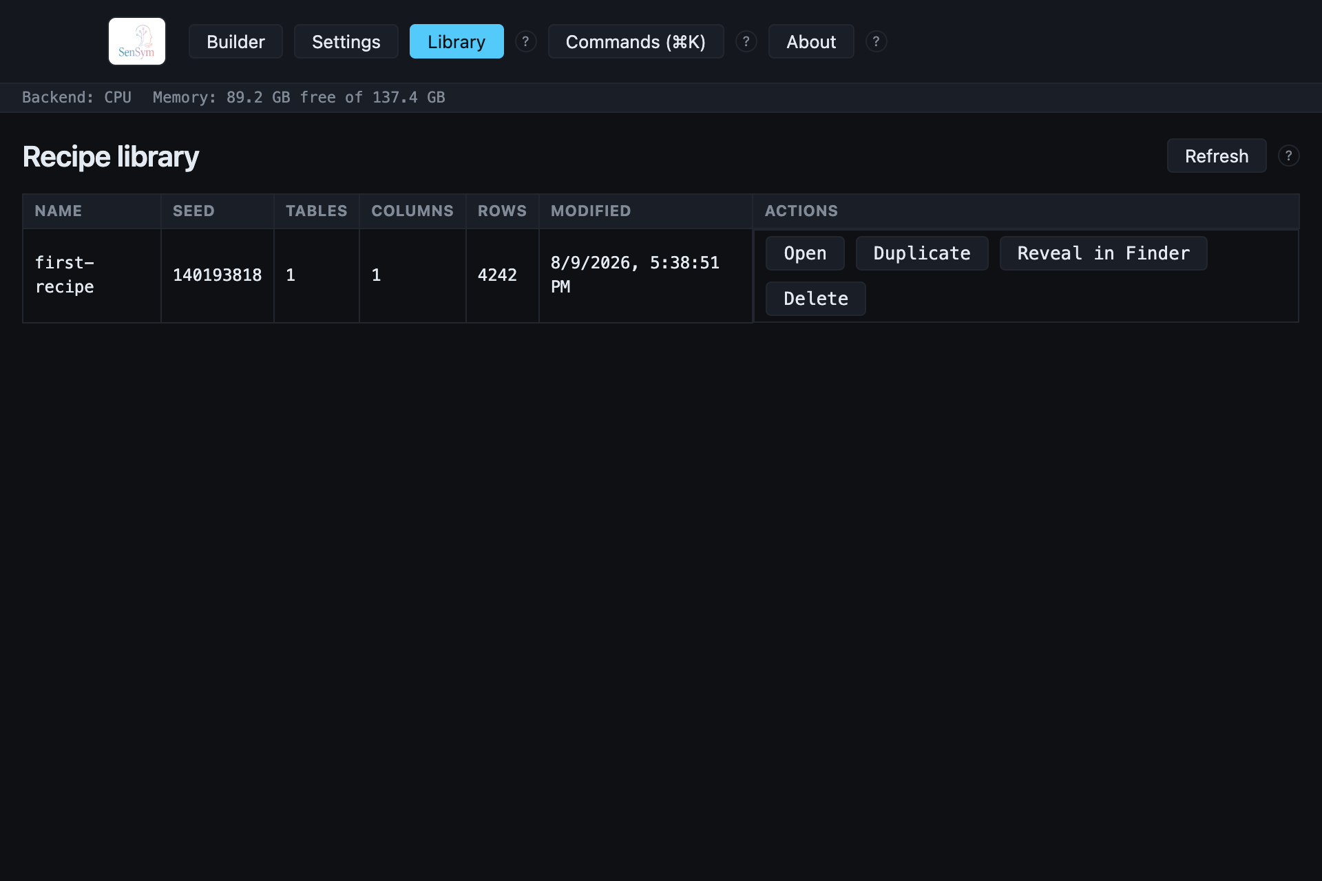 The Recipe library, listing one saved recipe