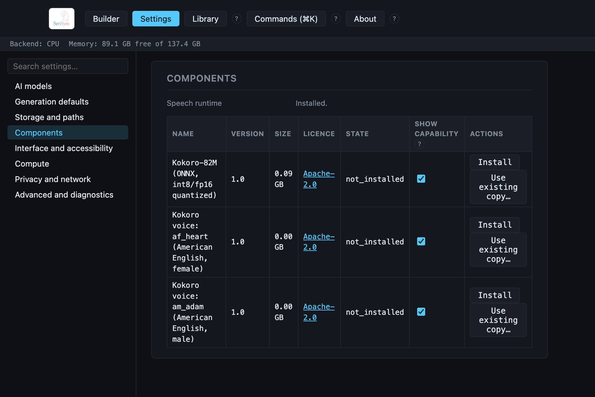 Settings → Components: the Speech runtime section (Kokoro-82M ONNX plus two voices) with a real install/state table — name, version, size, licence, state, and install actions