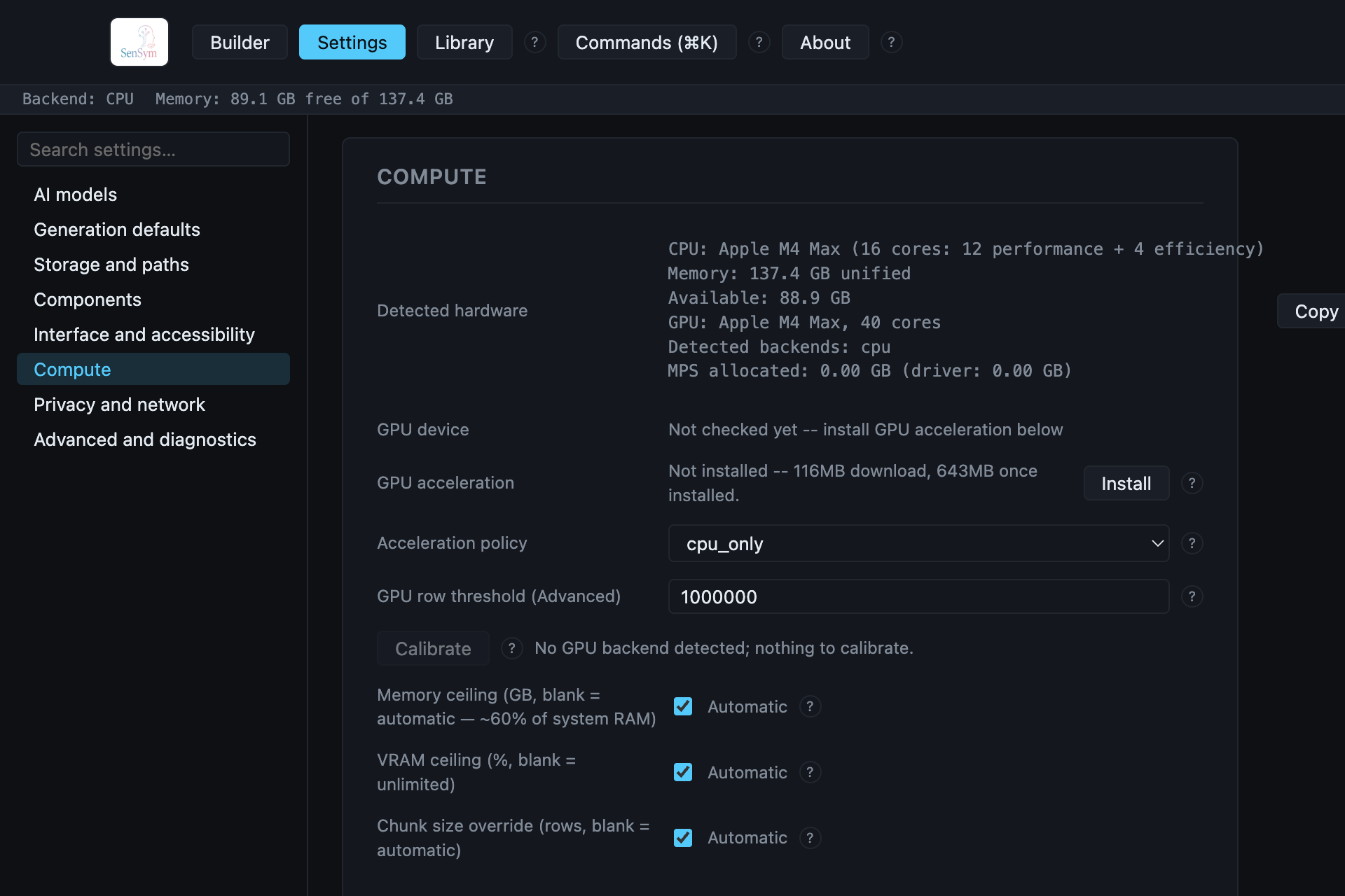Settings → Compute: detected hardware (real CPU/GPU/memory readout), GPU device, GPU acceleration install, acceleration policy, GPU row threshold, Calibrate, and the memory/VRAM/chunk-size ceiling overrides