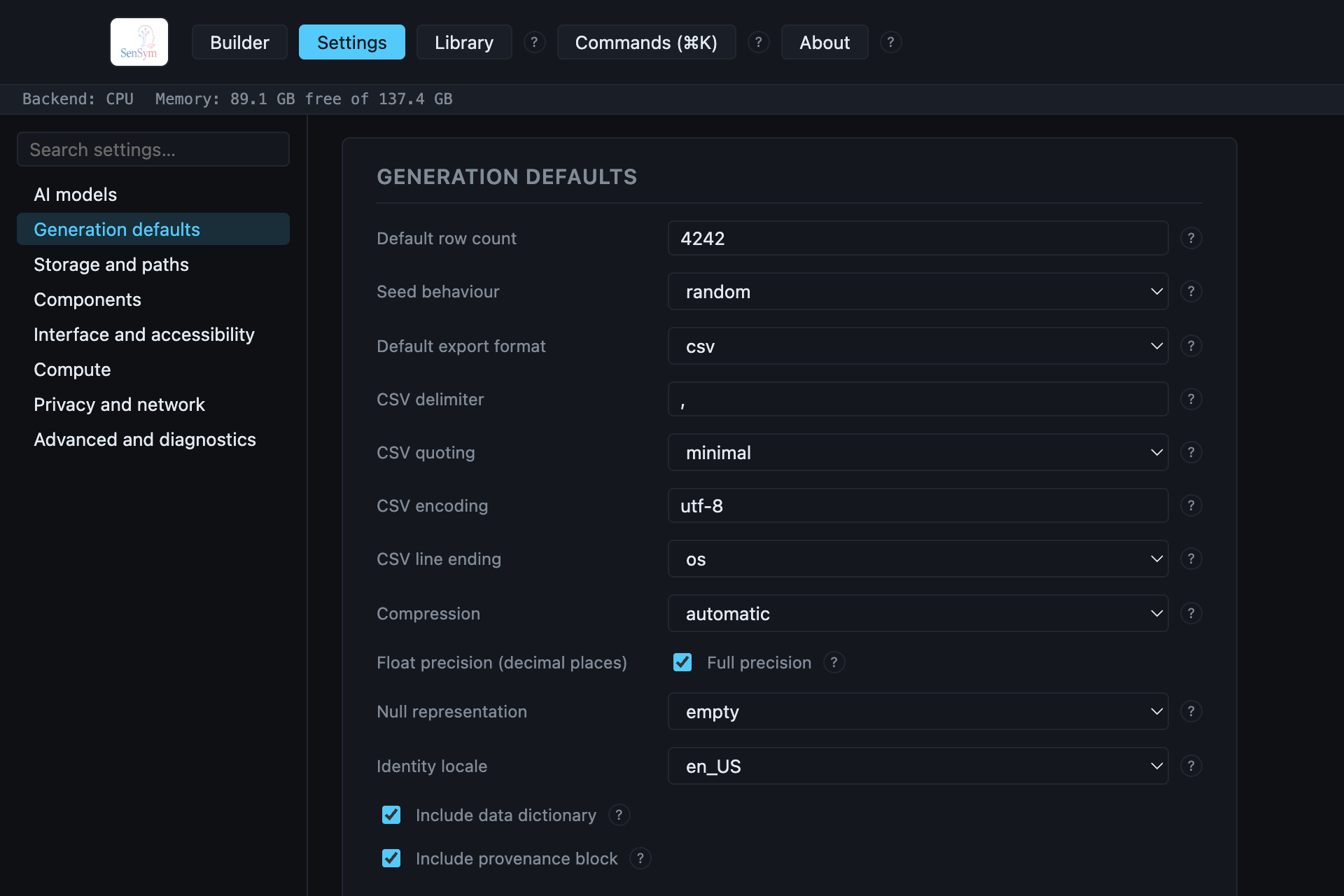 Settings → Generation defaults: default row count, seed behaviour, default export format, CSV delimiter/quoting/encoding/line ending, compression, float precision, null representation, identity locale, and the data-dictionary/provenance toggles