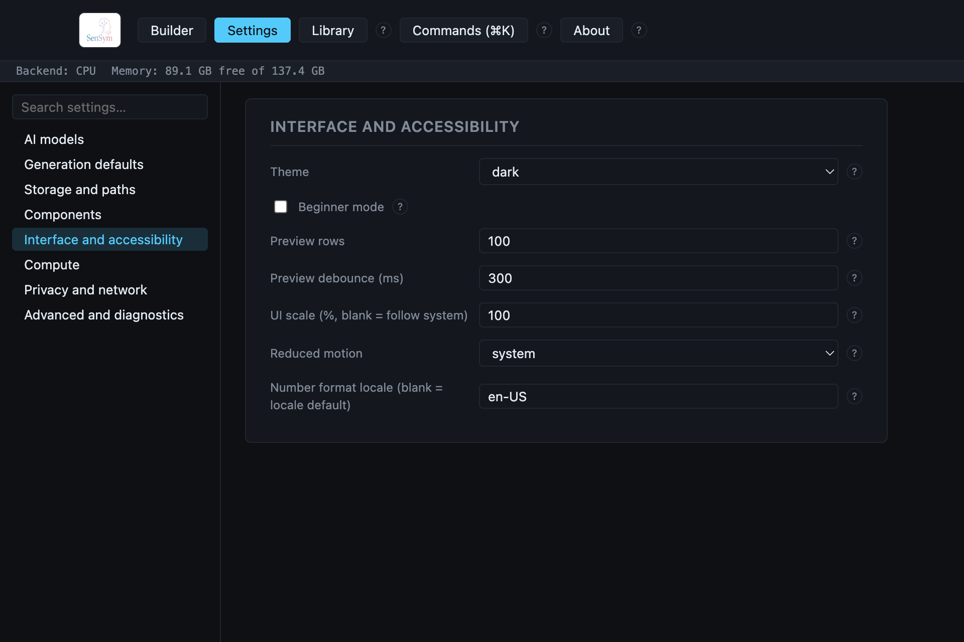 Settings → Interface and accessibility: Theme, Beginner mode, Preview rows, Preview debounce, UI scale, Reduced motion, and Number format locale