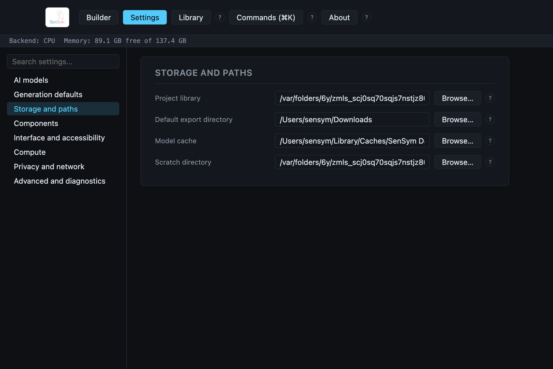 Settings → Storage and paths: Project library, Default export directory, Model cache, and Scratch directory, each with a Browse… button